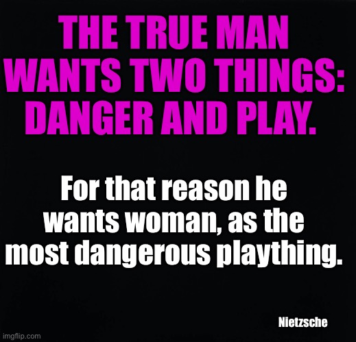 Most Dangerous Plaything |  THE TRUE MAN WANTS TWO THINGS: DANGER AND PLAY. For that reason he wants woman, as the most dangerous plaything. Nietzsche | image tagged in nietzsche | made w/ Imgflip meme maker