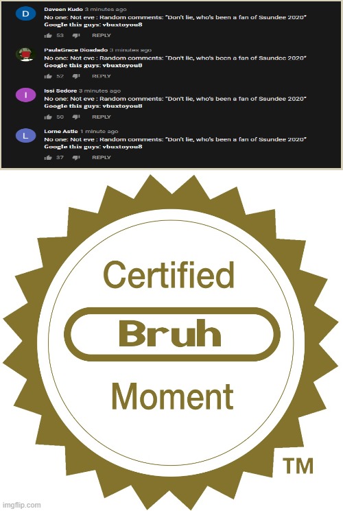 I have 4 bots in a row | image tagged in certified bruh moment,youtube,bots | made w/ Imgflip meme maker
