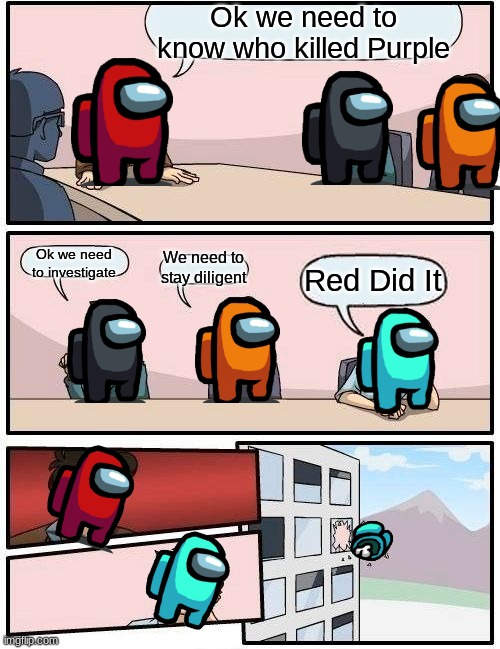 Among Us in a nutshell (Version 2) | Ok we need to know who killed Purple; We need to stay diligent; Ok we need to investigate; Red Did It | image tagged in memes,boardroom meeting suggestion,among us meeting,among us in a nutshell,funny memes,among us chat | made w/ Imgflip meme maker