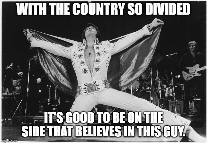 Believe in Elvis | WITH THE COUNTRY SO DIVIDED; IT'S GOOD TO BE ON THE SIDE THAT BELIEVES IN THIS GUY. | image tagged in elvis,civil war,american politics,humor | made w/ Imgflip meme maker