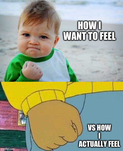 fist | HOW I WANT TO FEEL; VS HOW I ACTUALLY FEEL | image tagged in memes,success kid original,arthur fist,funny memes,old memes | made w/ Imgflip meme maker