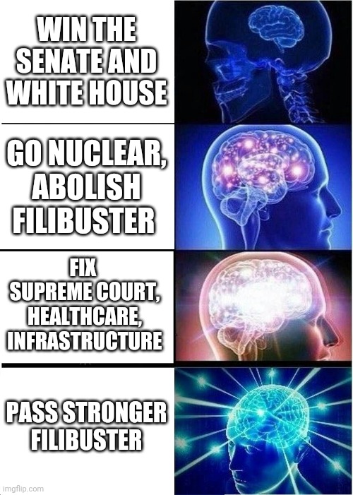 In response to republican court packing | WIN THE SENATE AND WHITE HOUSE; GO NUCLEAR, ABOLISH FILIBUSTER; FIX 
SUPREME COURT, HEALTHCARE, INFRASTRUCTURE; PASS STRONGER FILIBUSTER | image tagged in memes,expanding brain | made w/ Imgflip meme maker