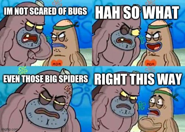 How Tough Are You Meme | HAH SO WHAT; IM NOT SCARED OF BUGS; EVEN THOSE BIG SPIDERS; RIGHT THIS WAY | image tagged in memes,how tough are you | made w/ Imgflip meme maker