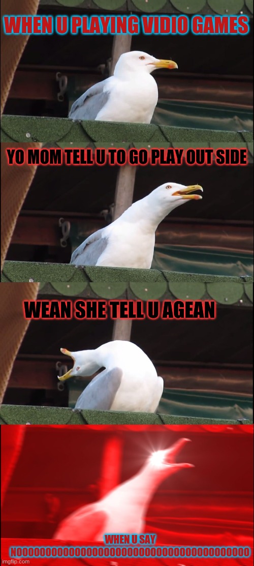 video games | WHEN U PLAYING VIDIO GAMES; YO MOM TELL U TO GO PLAY OUT SIDE; WEAN SHE TELL U AGEAN; WHEN U SAY NOOOOOOOOOOOOOOOOOOOOOOOOOOOOOOOOOOOOOOOO | image tagged in memes,inhaling seagull | made w/ Imgflip meme maker