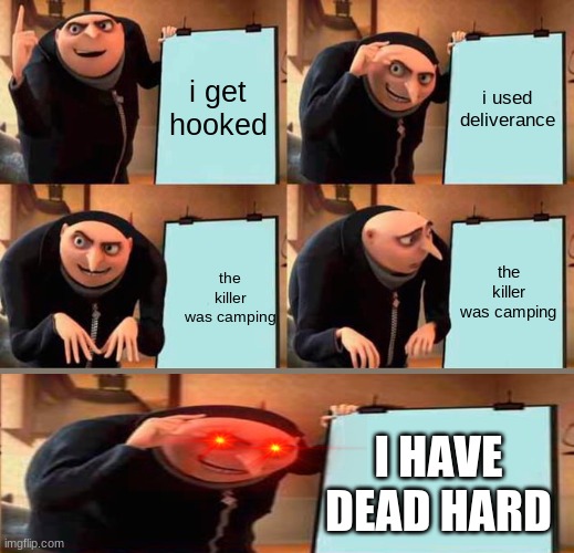 oh yes | i get hooked; i used deliverance; the killer was camping; the killer was camping; I HAVE DEAD HARD | image tagged in memes,gru's plan | made w/ Imgflip meme maker