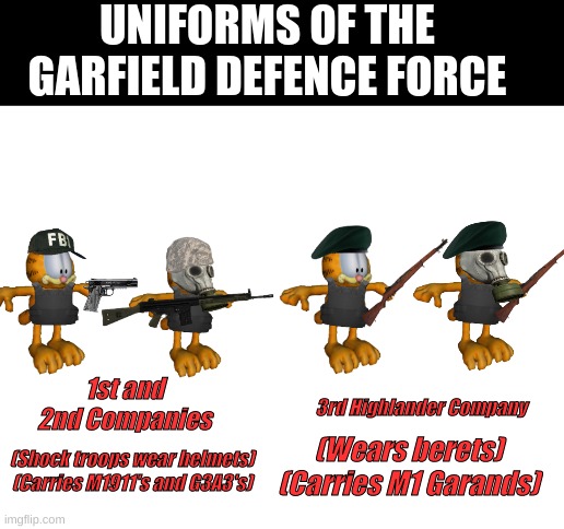 Just to inform people | UNIFORMS OF THE GARFIELD DEFENCE FORCE; 1st and 2nd Companies; 3rd Highlander Company; (Wears berets)
(Carries M1 Garands); (Shock troops wear helmets)
(Carries M1911's and G3A3's) | image tagged in garfield,defense,force | made w/ Imgflip meme maker