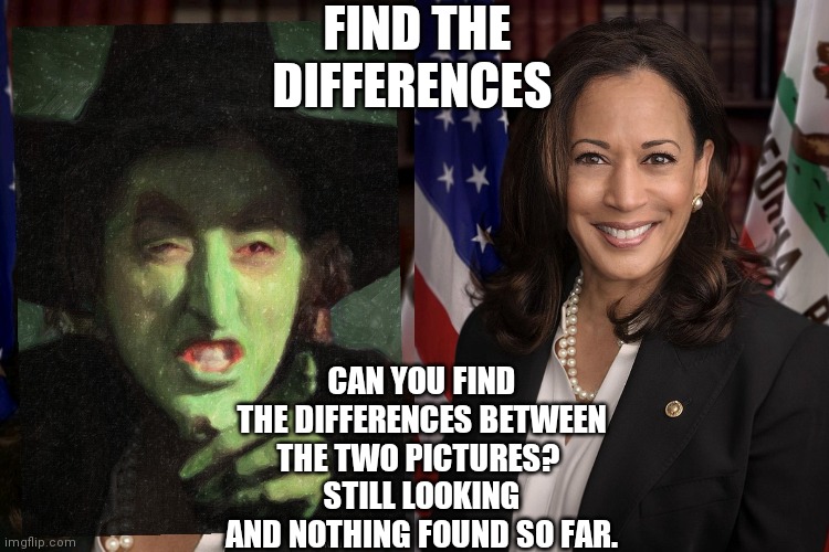 Find The Deference | FIND THE DIFFERENCES; CAN YOU FIND THE DIFFERENCES BETWEEN THE TWO PICTURES? 
STILL LOOKING AND NOTHING FOUND SO FAR. | image tagged in kamala harris,vice president,wicked witch,witch,joe biden | made w/ Imgflip meme maker