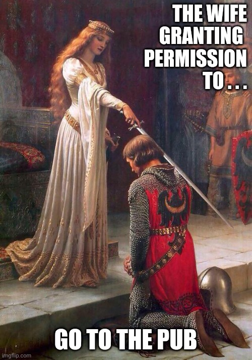 Knighting  | THE WIFE
GRANTING 
PERMISSION
TO . . . GO TO THE PUB | image tagged in knighting,pub,cats,lady,permission | made w/ Imgflip meme maker