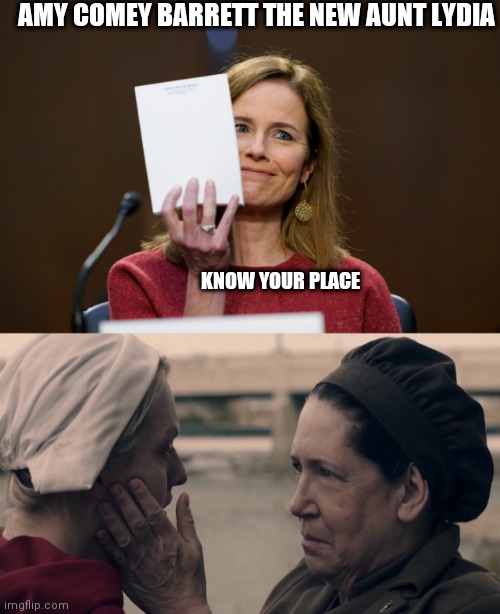 AMY COMEY BARRETT THE NEW AUNT LYDIA; KNOW YOUR PLACE | image tagged in aunt lydia know your place,amy comey barrett | made w/ Imgflip meme maker