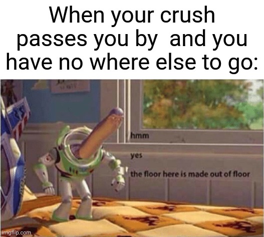 hmm yes the floor here is made out of floor | When your crush passes you by  and you have no where else to go: | image tagged in hmm yes the floor here is made out of floor | made w/ Imgflip meme maker