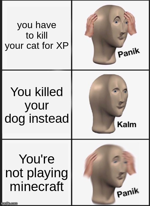 not minecraft | you have to kill your cat for XP; You killed your dog instead; You're not playing minecraft | image tagged in memes,panik kalm panik | made w/ Imgflip meme maker