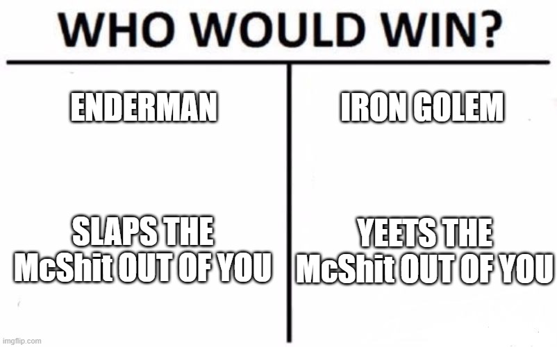 Who Would Win? | ENDERMAN; IRON GOLEM; SLAPS THE McShit OUT OF YOU; YEETS THE McShit OUT OF YOU | image tagged in memes,who would win,memes | made w/ Imgflip meme maker