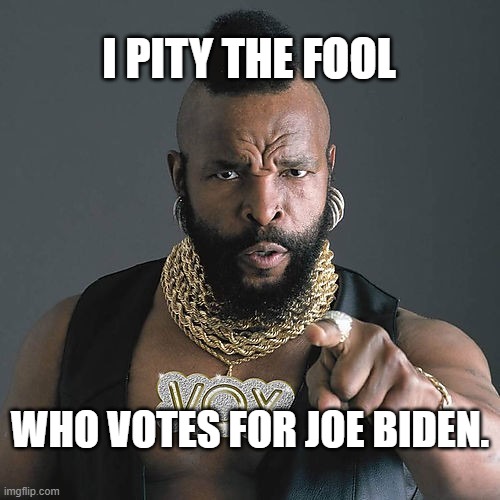 Don't Vote for Sleepy Joe! | I PITY THE FOOL; WHO VOTES FOR JOE BIDEN. | image tagged in memes,mr t pity the fool,biden,trump,election,2020 | made w/ Imgflip meme maker