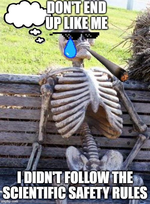 Waiting Skeleton | DON'T END UP LIKE ME; I DIDN'T FOLLOW THE SCIENTIFIC SAFETY RULES | image tagged in memes,waiting skeleton | made w/ Imgflip meme maker