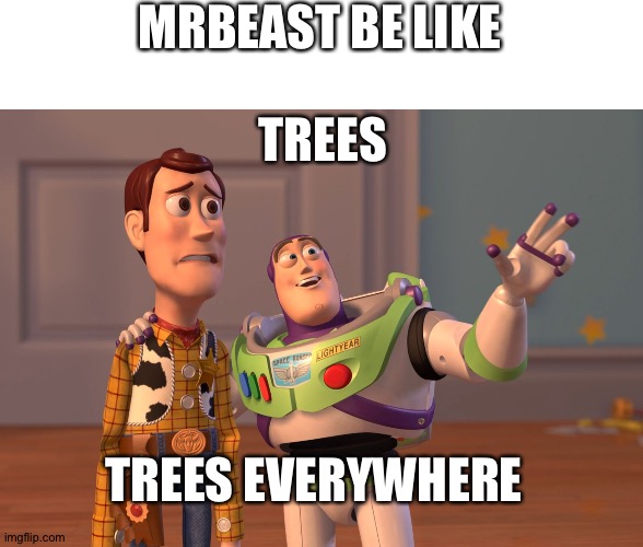 When MrBeast announced that he would plant 20 million trees | MRBEAST BE LIKE; TREES; TREES EVERYWHERE | image tagged in memes,x x everywhere,mrbeast,trees | made w/ Imgflip meme maker