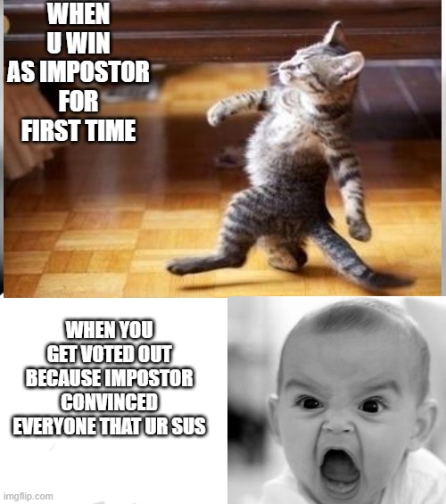 The truth | WHEN U WIN AS IMPOSTOR FOR FIRST TIME; WHEN YOU GET VOTED OUT BECAUSE IMPOSTOR CONVINCED EVERYONE THAT UR SUS | image tagged in among us,angry baby,cool cat stroll | made w/ Imgflip meme maker