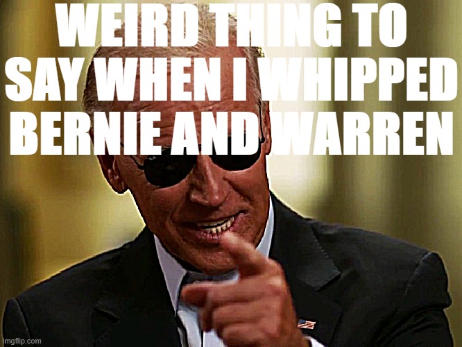 Cool Joe Biden won't abide the socialist/leftist/anarchist smears. | WEIRD THING TO SAY WHEN I WHIPPED BERNIE AND WARREN | image tagged in cool joe biden | made w/ Imgflip meme maker