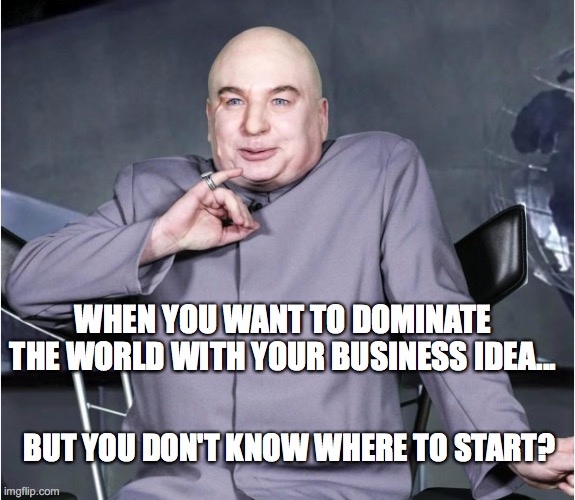 doctor evil | WHEN YOU WANT TO DOMINATE THE WORLD WITH YOUR BUSINESS IDEA... BUT YOU DON'T KNOW WHERE TO START? | image tagged in but thats none of my business | made w/ Imgflip meme maker