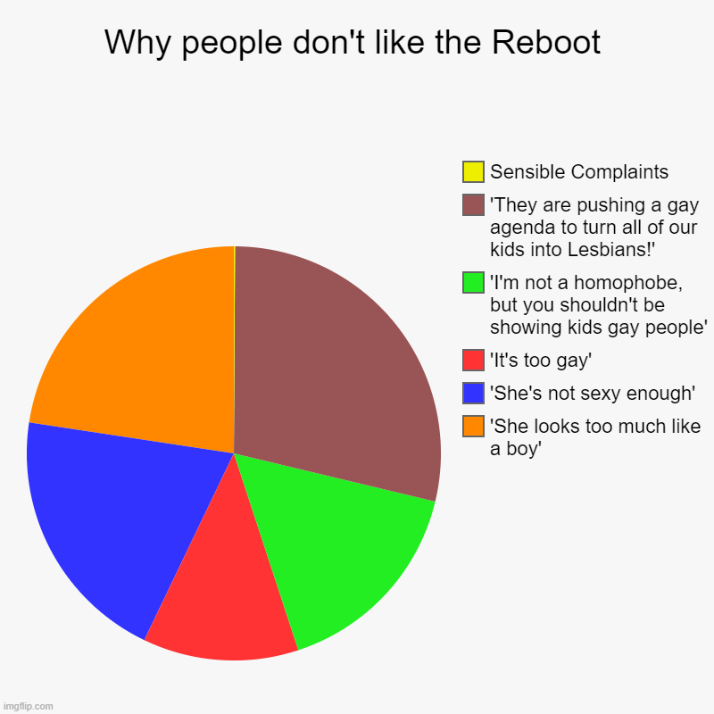 If you look closely, there is a bit of yellow | Why people don't like the Reboot | 'She looks too much like a boy', 'She's not sexy enough', 'It's too gay', 'I'm not a homophobe, but you s | image tagged in charts,pie charts | made w/ Imgflip chart maker