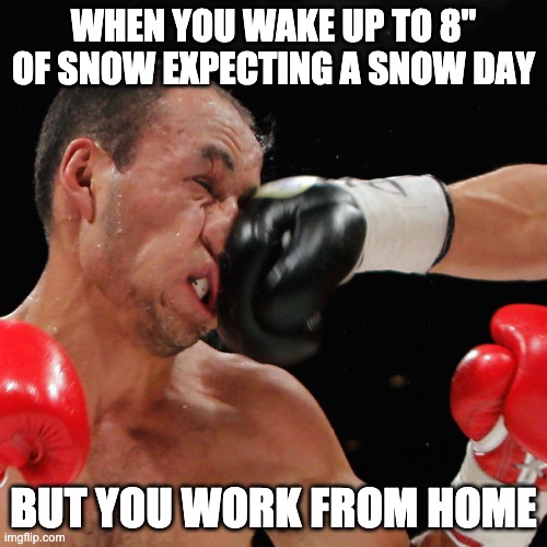 No Snow Day |  WHEN YOU WAKE UP TO 8" OF SNOW EXPECTING A SNOW DAY; BUT YOU WORK FROM HOME | image tagged in boxer getting punched in the face,letsgetwordy,snow day,work from home | made w/ Imgflip meme maker