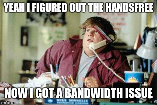 YEAH I FIGURED OUT THE HANDSFREE; NOW I GOT A BANDWIDTH ISSUE | image tagged in working from home,tech support,pandemic,funny memes | made w/ Imgflip meme maker