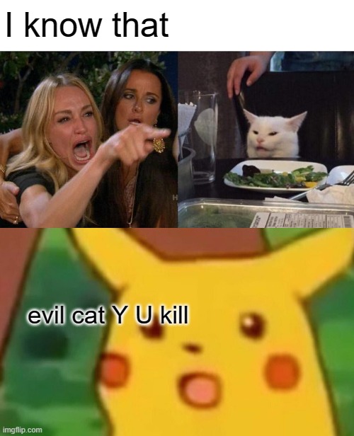 I know that evil cat Y U kill | image tagged in memes,surprised pikachu,woman yelling at cat | made w/ Imgflip meme maker