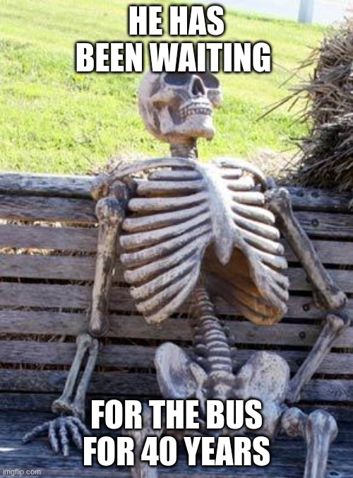 Waiting Skeleton Meme | HE HAS BEEN WAITING; FOR THE BUS FOR 40 YEARS | image tagged in memes,waiting skeleton | made w/ Imgflip meme maker