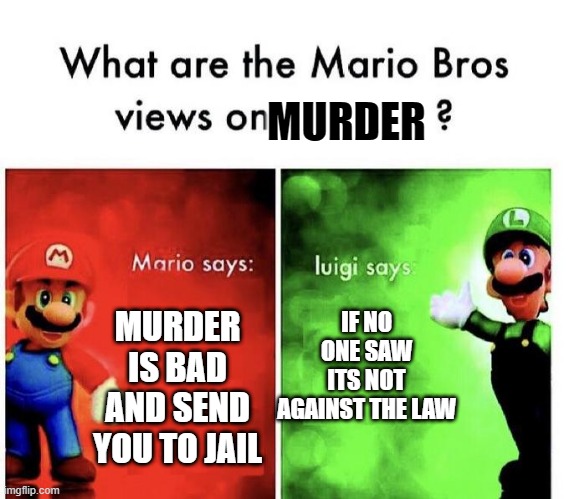 no one saw luigi | MURDER; IF NO ONE SAW ITS NOT AGAINST THE LAW; MURDER IS BAD AND SEND YOU TO JAIL | image tagged in mario bros views | made w/ Imgflip meme maker