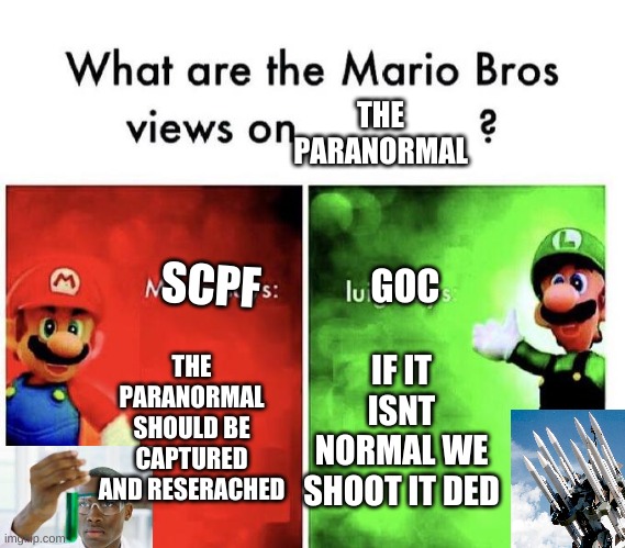 Mario Bros Views | THE PARANORMAL; SCPF; GOC; THE PARANORMAL SHOULD BE CAPTURED AND RESERACHED; IF IT ISNT NORMAL WE SHOOT IT DED | image tagged in mario bros views | made w/ Imgflip meme maker