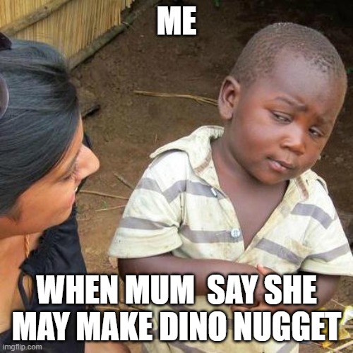 Third World Skeptical Kid Meme | ME; WHEN MUM  SAY SHE MAY MAKE DINO NUGGET | image tagged in memes,third world skeptical kid | made w/ Imgflip meme maker