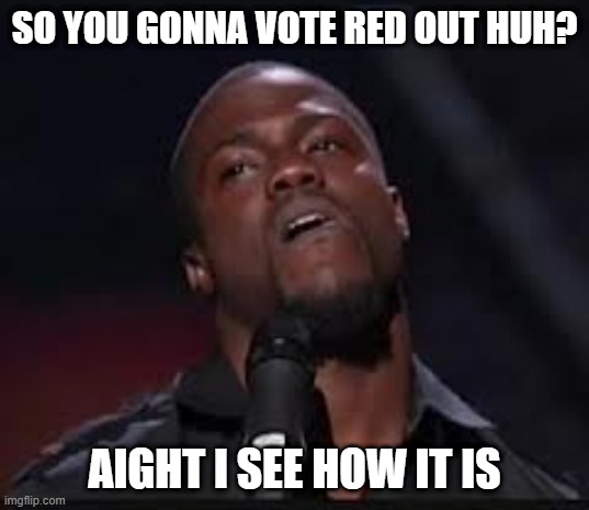 Kevin Hart | SO YOU GONNA VOTE RED OUT HUH? AIGHT I SEE HOW IT IS | image tagged in kevin hart | made w/ Imgflip meme maker