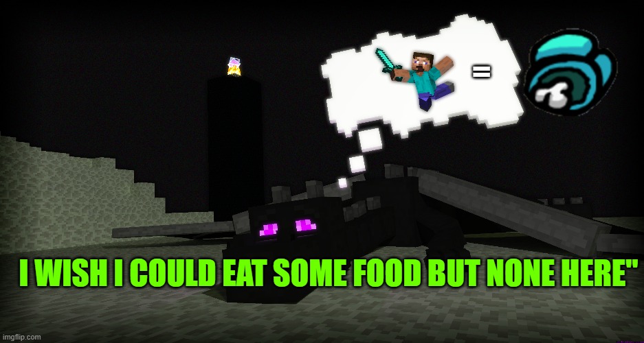 enderdragon is hungry | =; I WISH I COULD EAT SOME FOOD BUT NONE HERE'' | image tagged in the end | made w/ Imgflip meme maker