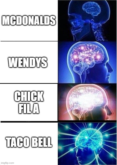 Expanding Brain | MCDONALDS; WENDYS; CHICK FIL A; TACO BELL | image tagged in memes,expanding brain | made w/ Imgflip meme maker