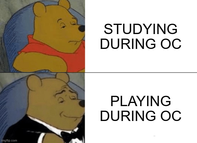 Epic Gamur Decision | STUDYING DURING OC; PLAYING DURING OC | image tagged in memes,tuxedo winnie the pooh | made w/ Imgflip meme maker