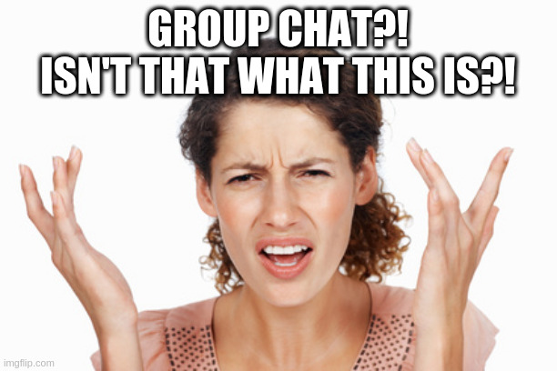 Indignant | GROUP CHAT?!
ISN'T THAT WHAT THIS IS?! | image tagged in indignant | made w/ Imgflip meme maker