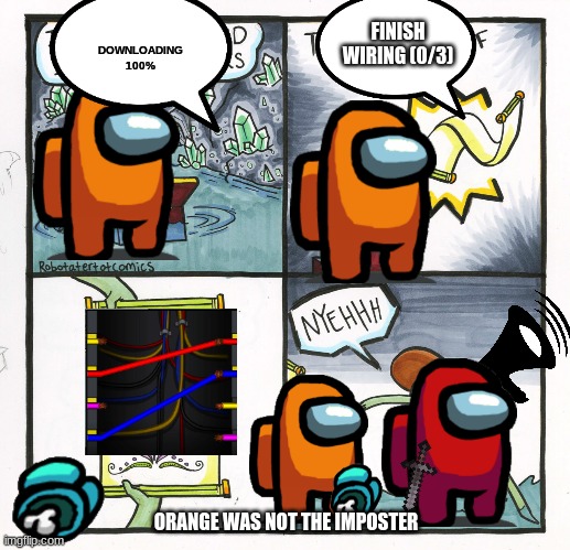 The Scroll Of Truth Meme | DOWNLOADING
100%; FINISH WIRING (0/3); ORANGE WAS NOT THE IMPOSTER | image tagged in memes,the scroll of truth,among us meeting,among us blame | made w/ Imgflip meme maker