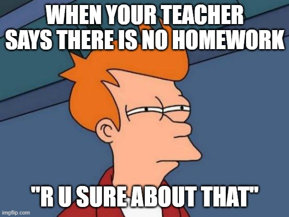 When you get so used to homework... | WHEN YOUR TEACHER SAYS THERE IS NO HOMEWORK; "R U SURE ABOUT THAT" | image tagged in memes,futurama fry,homework,school,teacher | made w/ Imgflip meme maker
