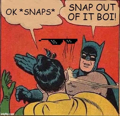 this guy cannot understand batman ;-; | OK *SNAPS*; SNAP OUT OF IT BOI! | image tagged in memes,batman slapping robin | made w/ Imgflip meme maker