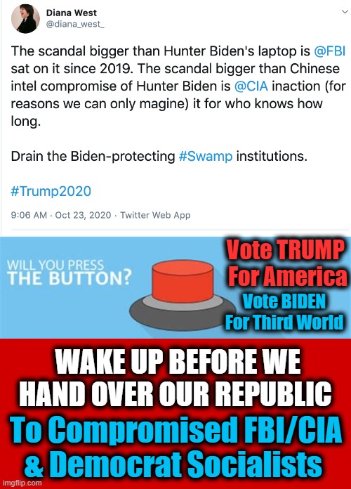 Right is RIGHT & Democrats Are WRONG For America | Vote TRUMP 
For America; Vote BIDEN 

For Third World; WAKE UP BEFORE WE HAND OVER OUR REPUBLIC; To Compromised FBI/CIA 
& Democrat Socialists | image tagged in politics,fbi,cia,democratic socialism,joe biden,maga | made w/ Imgflip meme maker