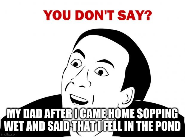 You Don't Say Meme | MY DAD AFTER I CAME HOME SOPPING WET AND SAID THAT I FELL IN THE POND | image tagged in memes,you don't say | made w/ Imgflip meme maker