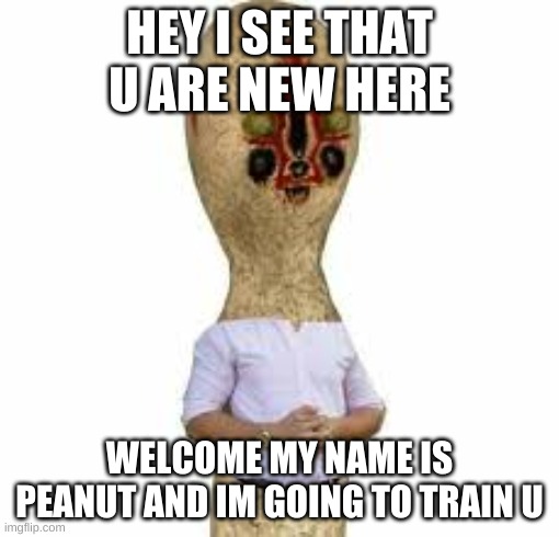 SCP 173 | HEY I SEE THAT U ARE NEW HERE; WELCOME MY NAME IS PEANUT AND IM GOING TO TRAIN U | image tagged in scp 173 | made w/ Imgflip meme maker