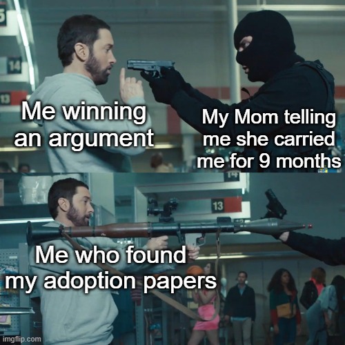 GoddammitMom | My Mom telling me she carried me for 9 months; Me winning an argument; Me who found my adoption papers | image tagged in eminem bazooka | made w/ Imgflip meme maker