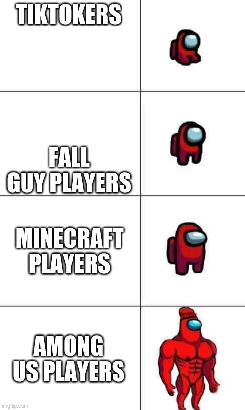 Increasingly Buff Red Crewmate | TIKTOKERS; FALL GUY PLAYERS; MINECRAFT PLAYERS; AMONG US PLAYERS | image tagged in increasingly buff red crewmate,among us | made w/ Imgflip meme maker