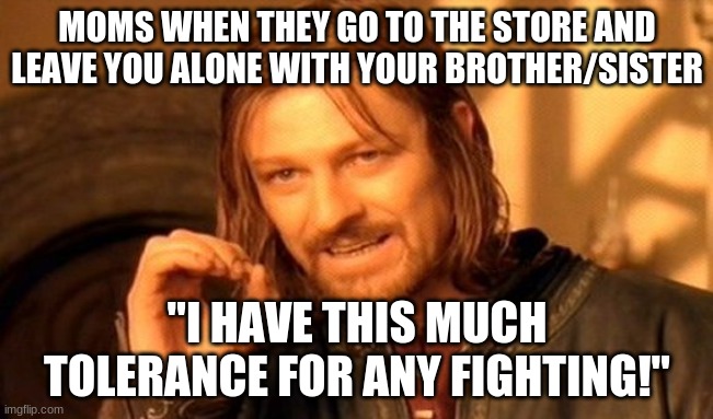 One Does Not Simply | MOMS WHEN THEY GO TO THE STORE AND LEAVE YOU ALONE WITH YOUR BROTHER/SISTER; "I HAVE THIS MUCH TOLERANCE FOR ANY FIGHTING!" | image tagged in memes,one does not simply | made w/ Imgflip meme maker