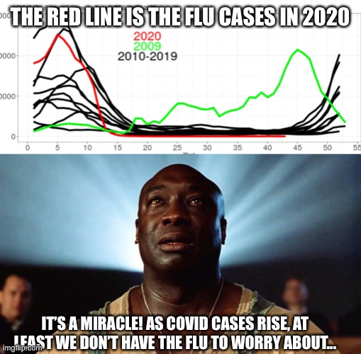 Hmm | THE RED LINE IS THE FLU CASES IN 2020; IT’S A MIRACLE! AS COVID CASES RISE, AT LEAST WE DON’T HAVE THE FLU TO WORRY ABOUT... | image tagged in green mile miracle,politics,cdc,covid19,coronavirus,flu | made w/ Imgflip meme maker