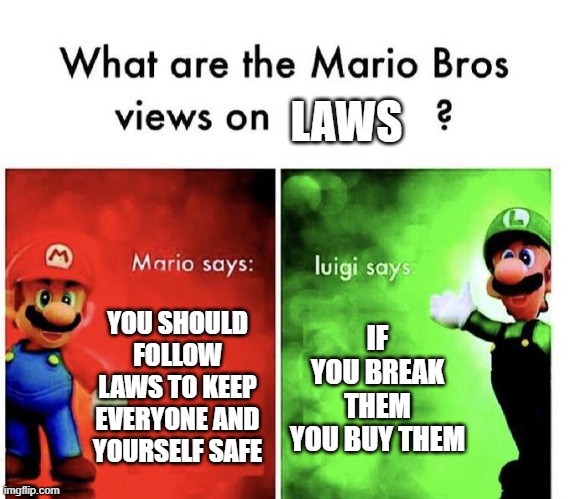 idk if you can even buy laws but idc | LAWS; YOU SHOULD FOLLOW LAWS TO KEEP EVERYONE AND YOURSELF SAFE; IF YOU BREAK THEM YOU BUY THEM | image tagged in mario bros views | made w/ Imgflip meme maker