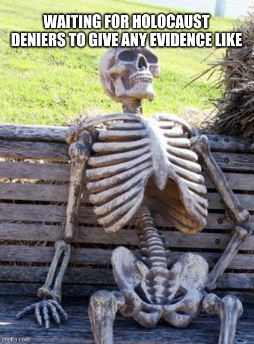 there is no evidence | WAITING FOR HOLOCAUST DENIERS TO GIVE ANY EVIDENCE LIKE | image tagged in memes,waiting skeleton | made w/ Imgflip meme maker