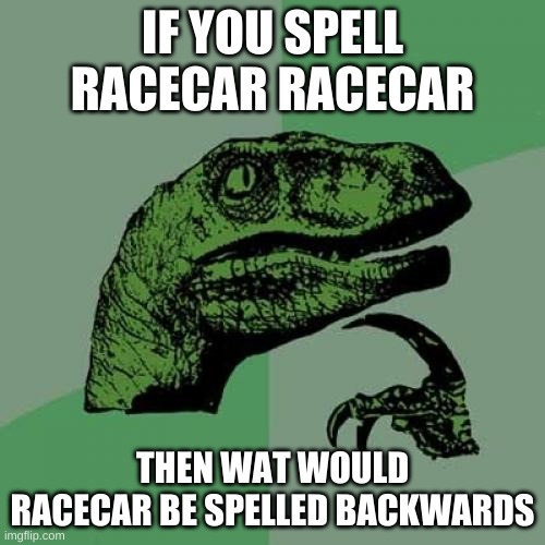 Philosoraptor |  IF YOU SPELL RACECAR RACECAR; THEN WAT WOULD RACECAR BE SPELLED BACKWARDS | image tagged in memes,philosoraptor | made w/ Imgflip meme maker