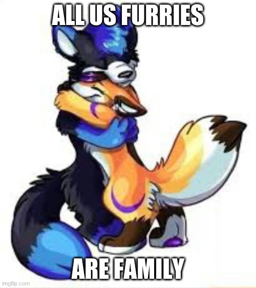 Furry Hugs | ALL US FURRIES; ARE FAMILY | image tagged in furry hugs | made w/ Imgflip meme maker
