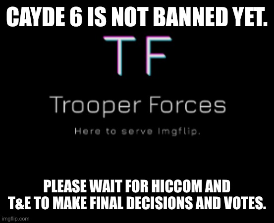 Trooper | CAYDE 6 IS NOT BANNED YET. PLEASE WAIT FOR HICCOM AND T&E TO MAKE FINAL DECISIONS AND VOTES. | image tagged in trooper | made w/ Imgflip meme maker